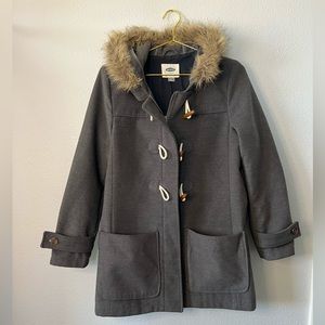 Old Navy womens Dark Gray Wool Blend Toggles Faux Fur Trimmed Hood | Medium coat